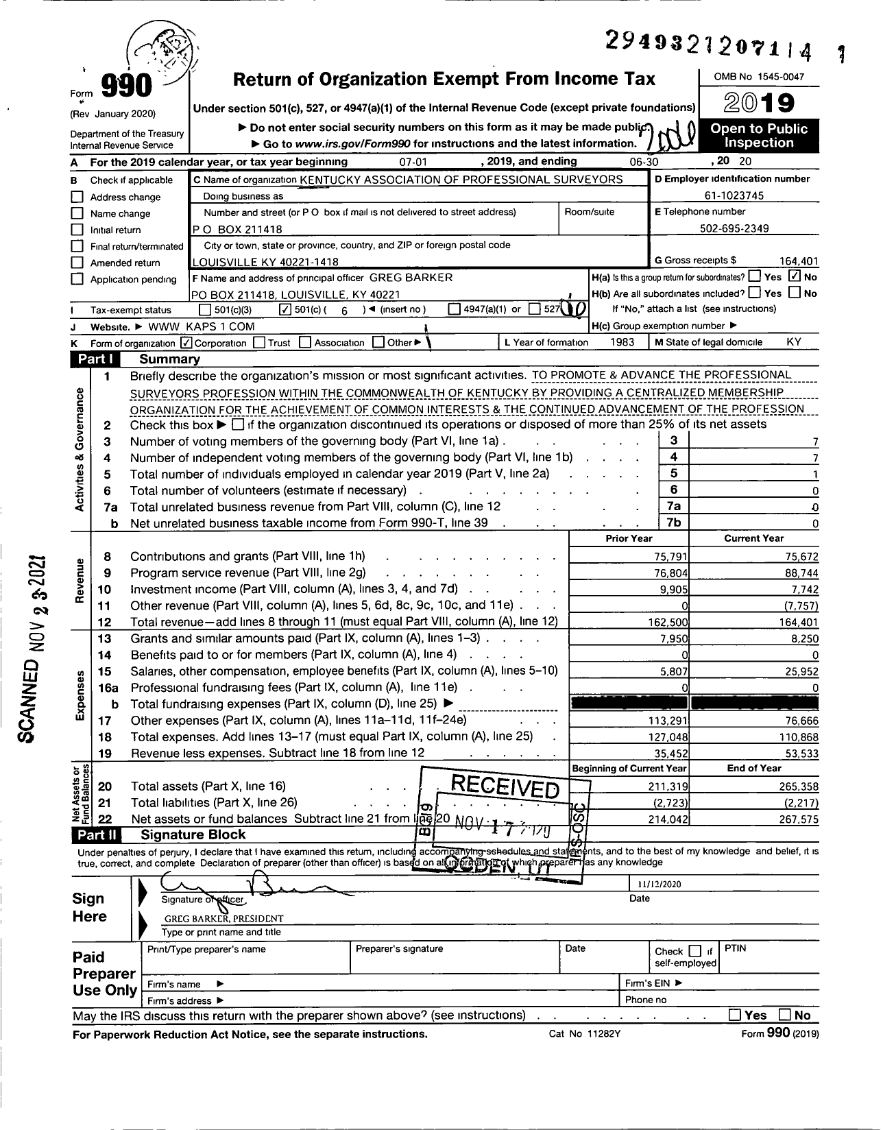 Image of first page of 2019 Form 990O for Kentucky Association of Professional Surveyors