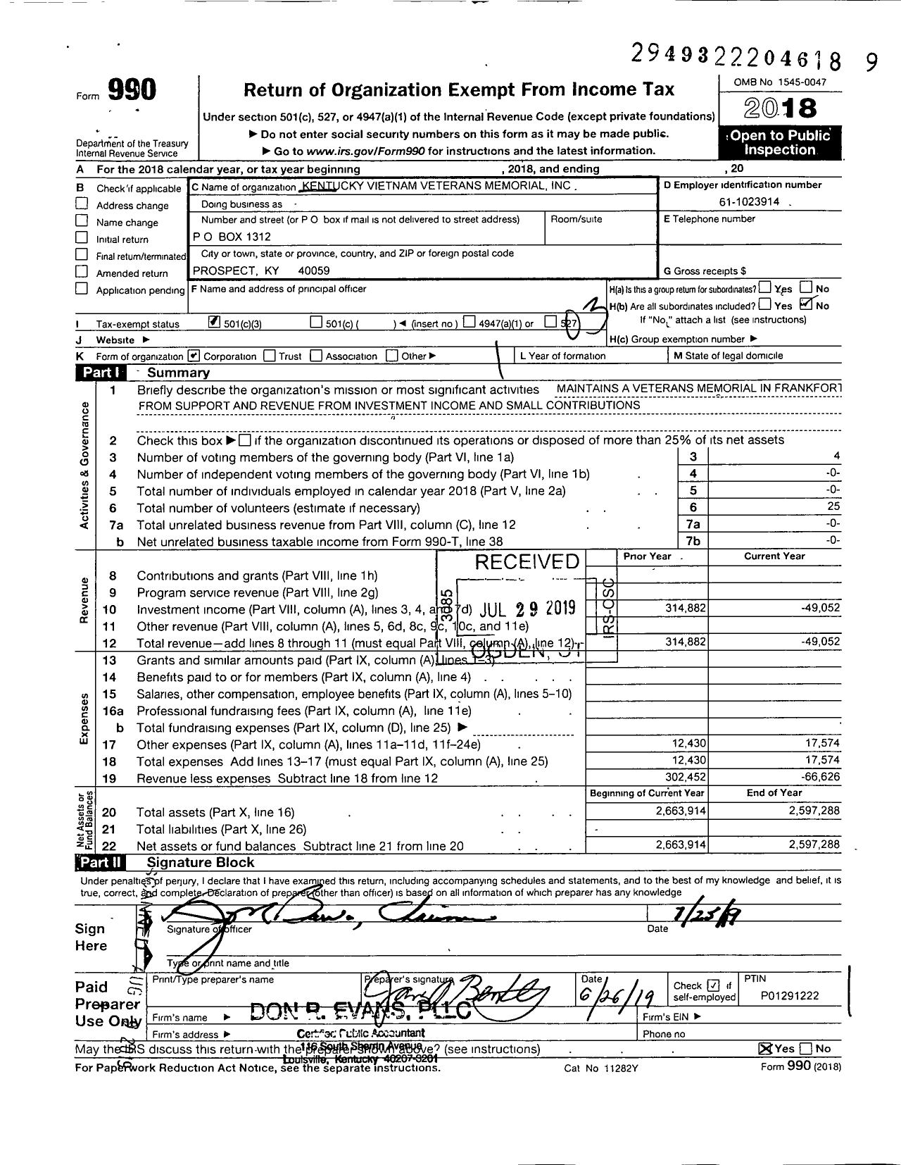 Image of first page of 2018 Form 990 for Kentucky Vietnam Veterans Memorial Fund