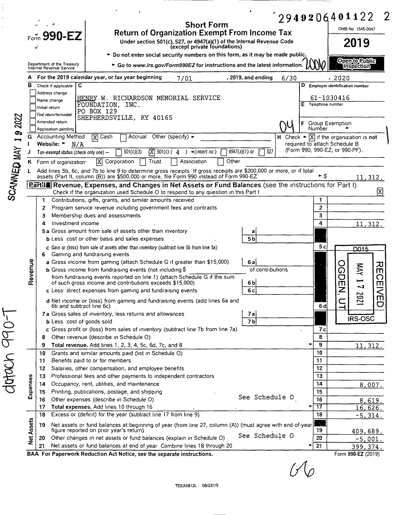 Image of first page of 2019 Form 990EO for Henry W Richardson Memorial Service Foundation