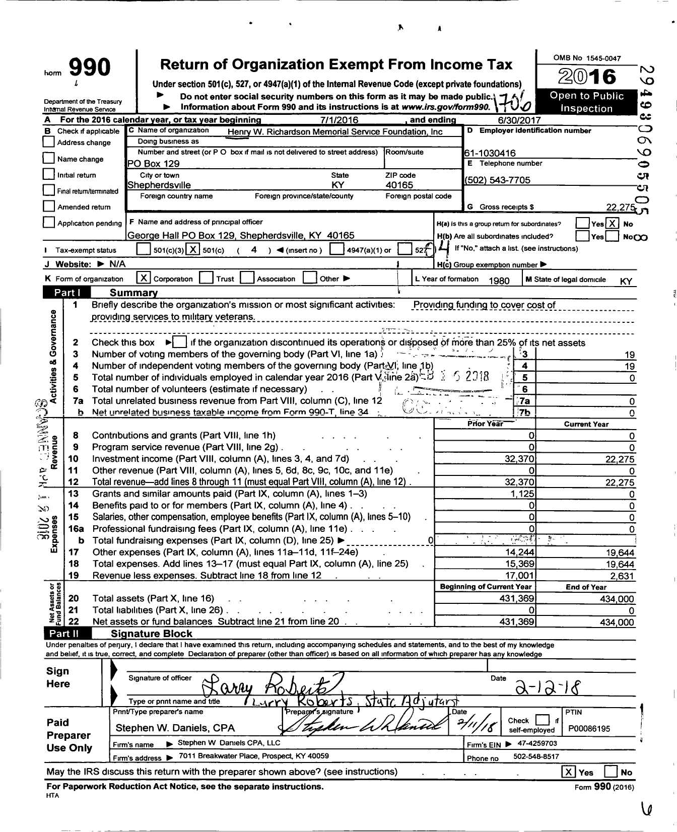 Image of first page of 2016 Form 990O for Henry W Richardson Memorial Service Foundation