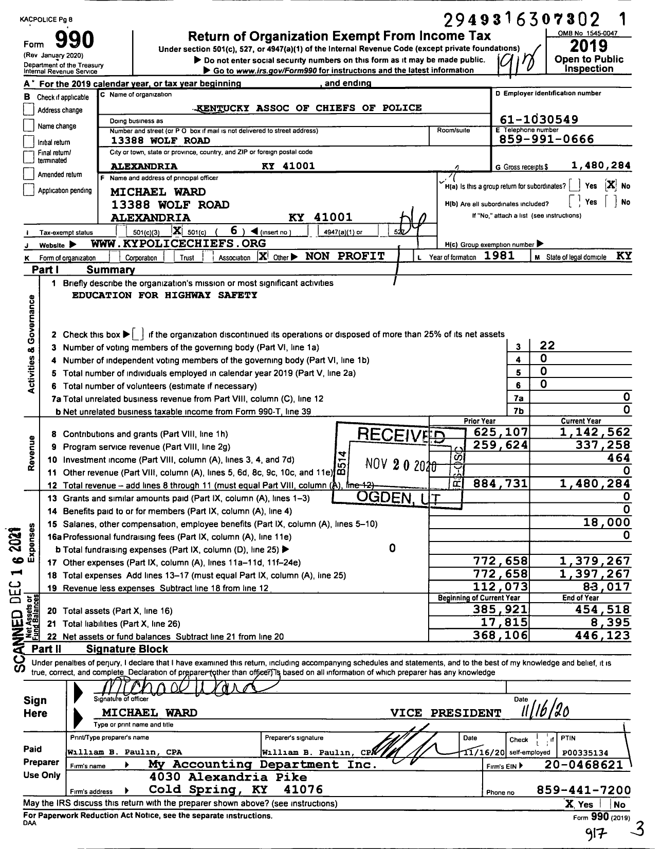 Image of first page of 2019 Form 990O for Kentucky Association of Chiefs of Police