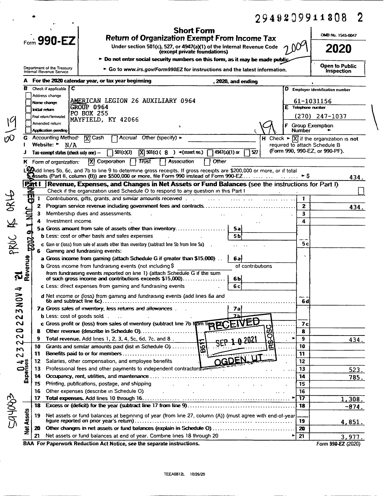 Image of first page of 2019 Form 990EO for American Legion Auxiliary - 26 Unit