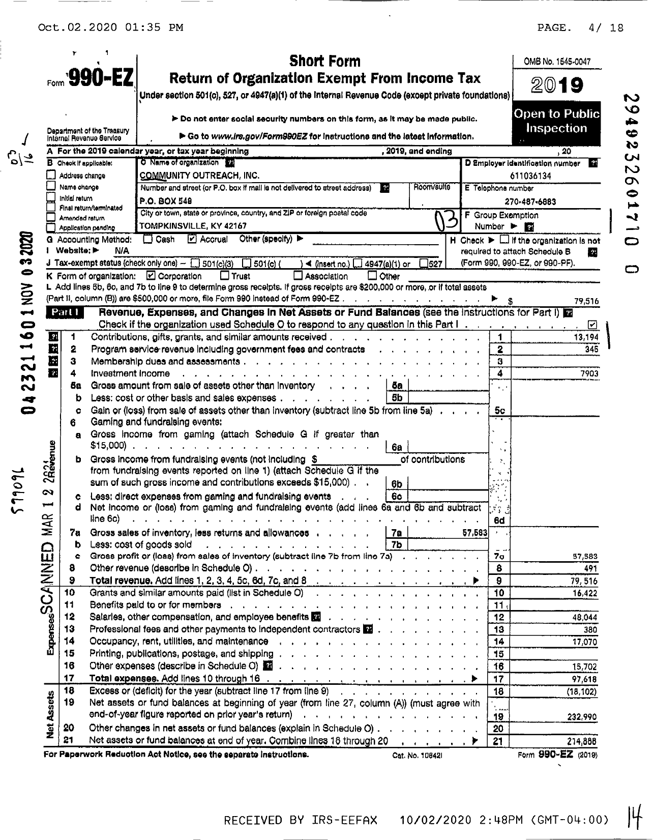 Image of first page of 2019 Form 990EZ for Community Outreach Reach