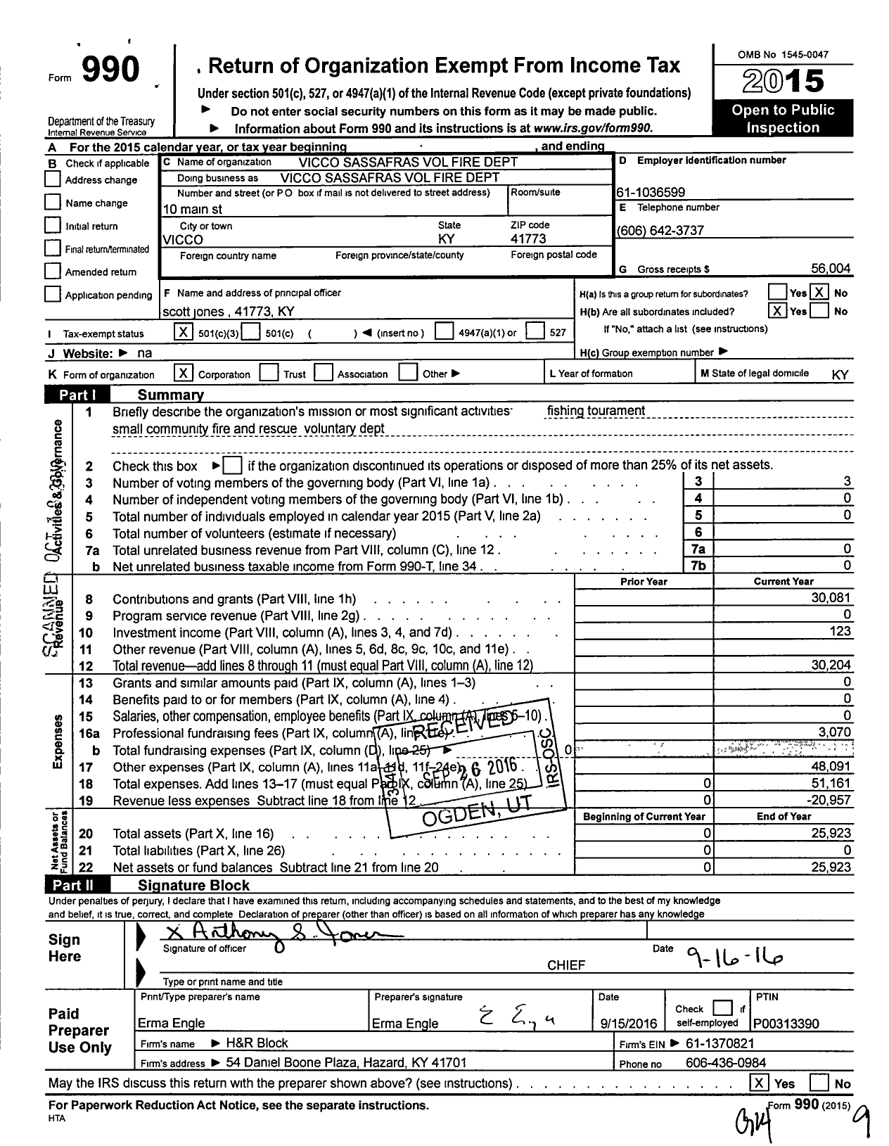 Image of first page of 2015 Form 990 for Vicco Sassafras Volunteer Fire and Rescue