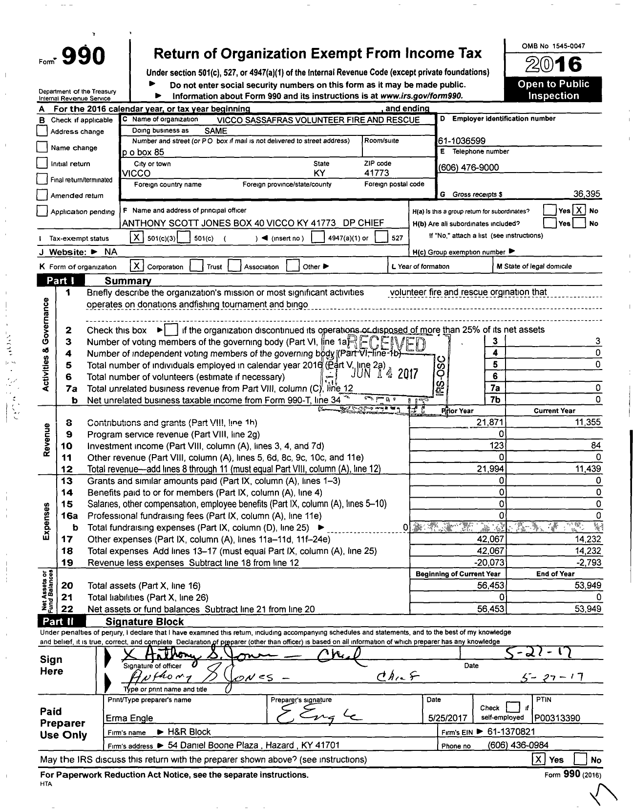 Image of first page of 2016 Form 990 for Vicco Sassafras Volunteer Fire and Rescue