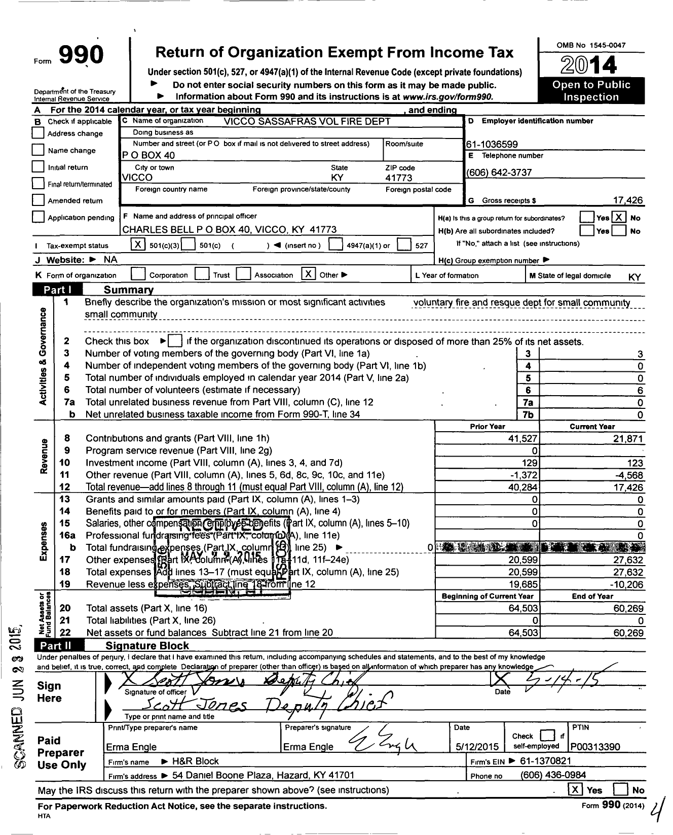 Image of first page of 2014 Form 990 for Vicco Sassafras Volunteer Fire and Rescue