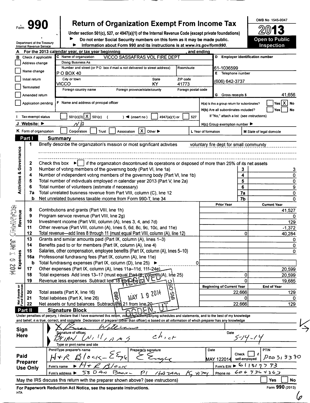 Image of first page of 2013 Form 990O for Vicco Sassafras Volunteer Fire and Rescue