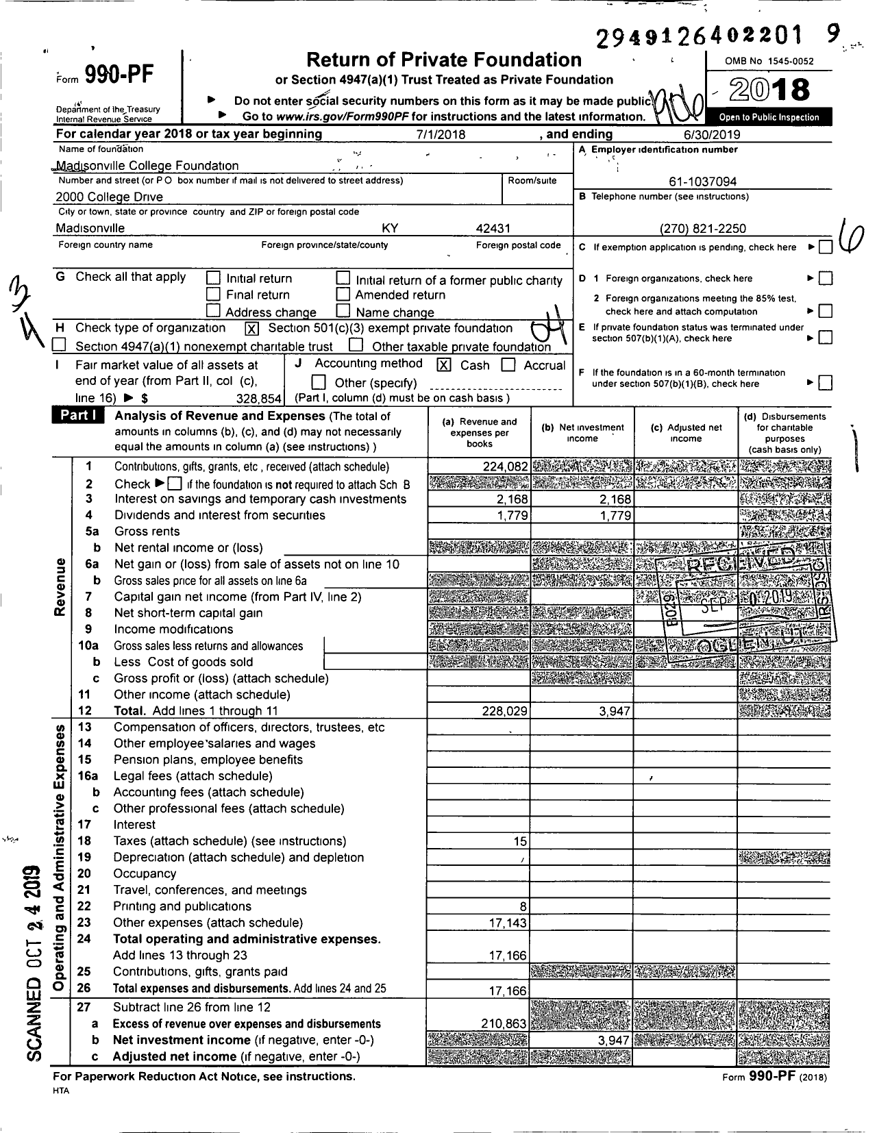 Image of first page of 2018 Form 990PF for Madisonville College Foundation