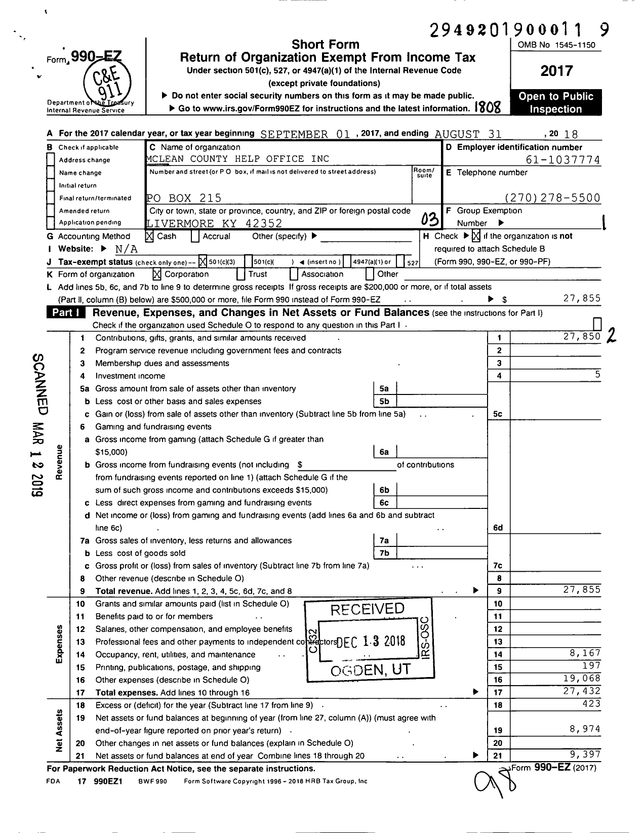 Image of first page of 2017 Form 990EZ for Mclean County Help Office