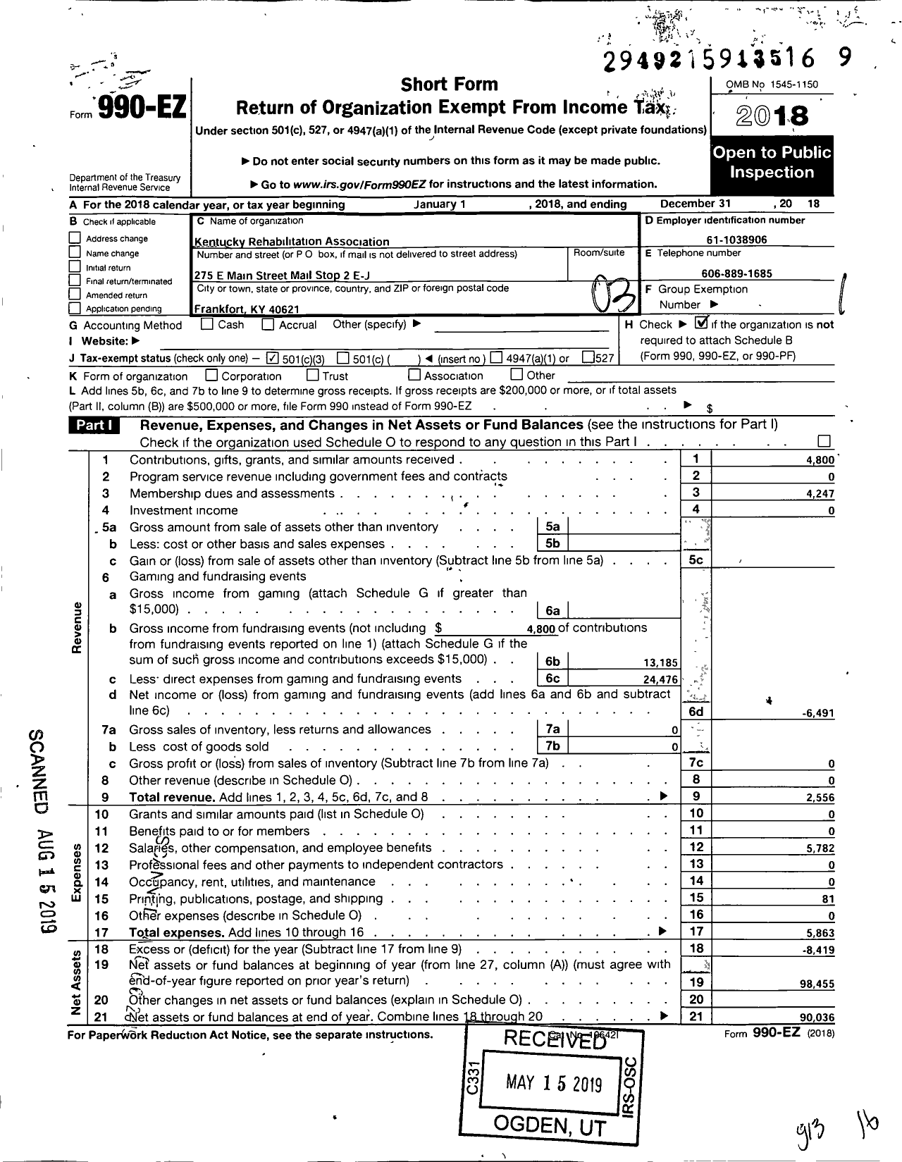 Image of first page of 2018 Form 990EZ for Kentucky Rehabilitation Association