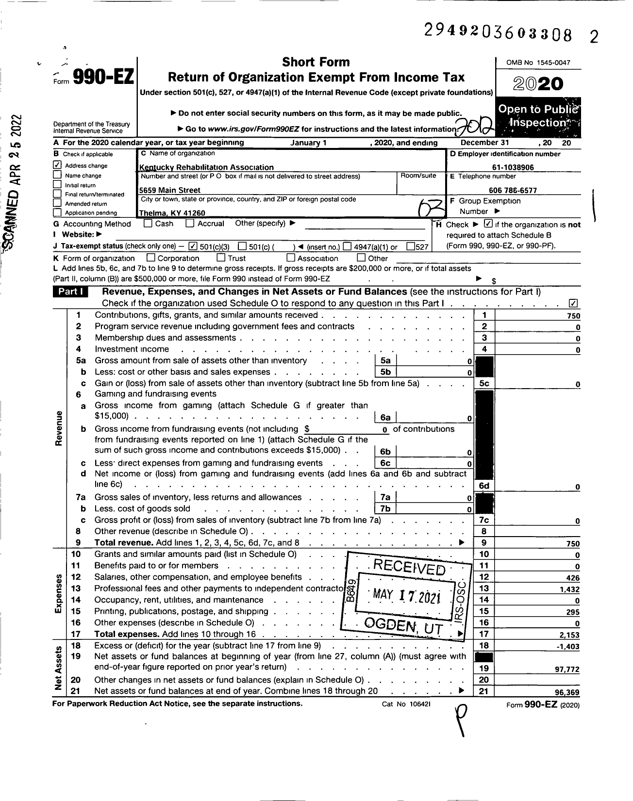 Image of first page of 2020 Form 990EZ for Kentucky Rehabilitation Association