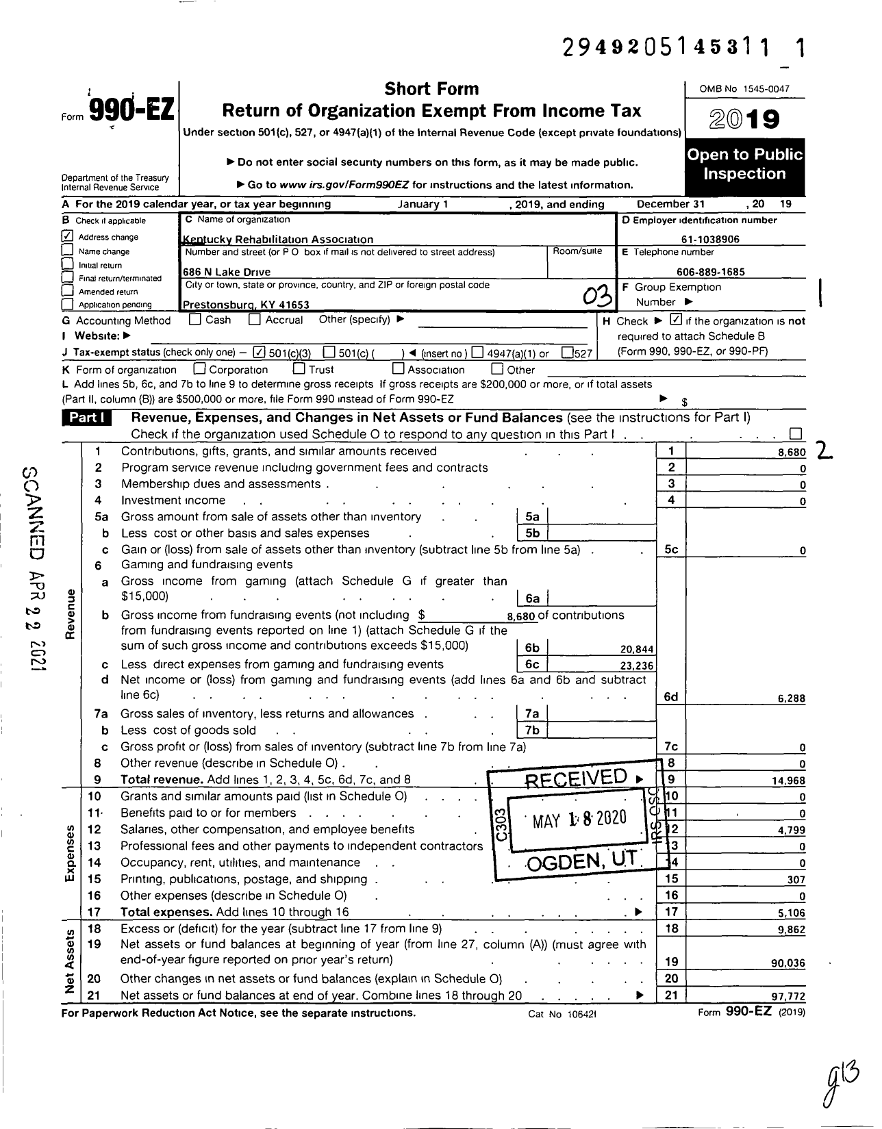 Image of first page of 2019 Form 990EZ for Kentucky Rehabilitation Association