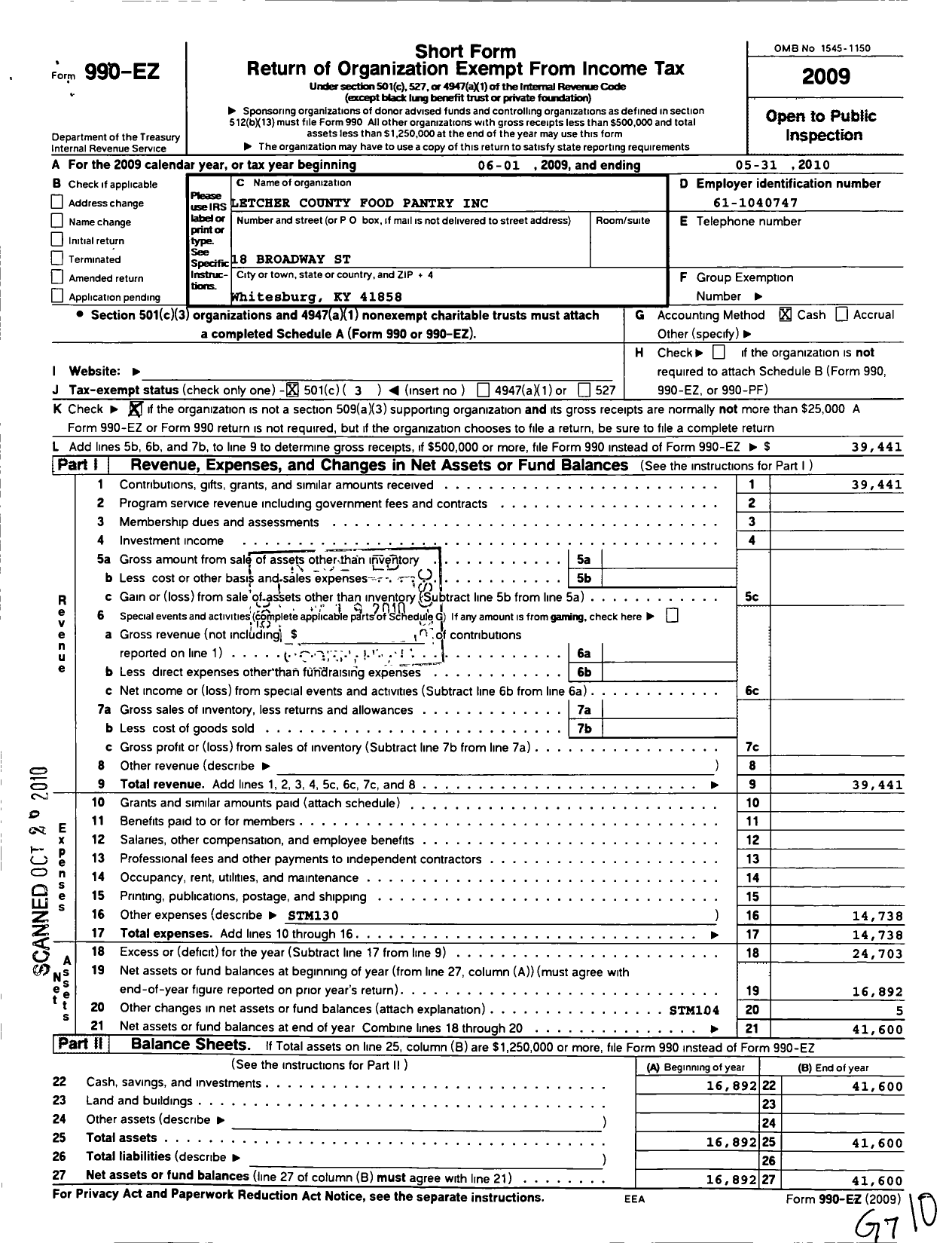 Image of first page of 2009 Form 990EZ for Letcher County Food Pantry