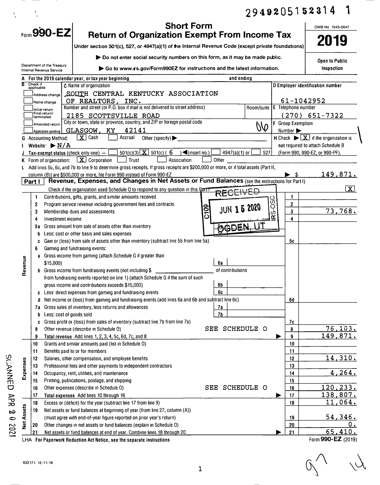 Image of first page of 2019 Form 990EO for South Central Kentucky Association of Realtors