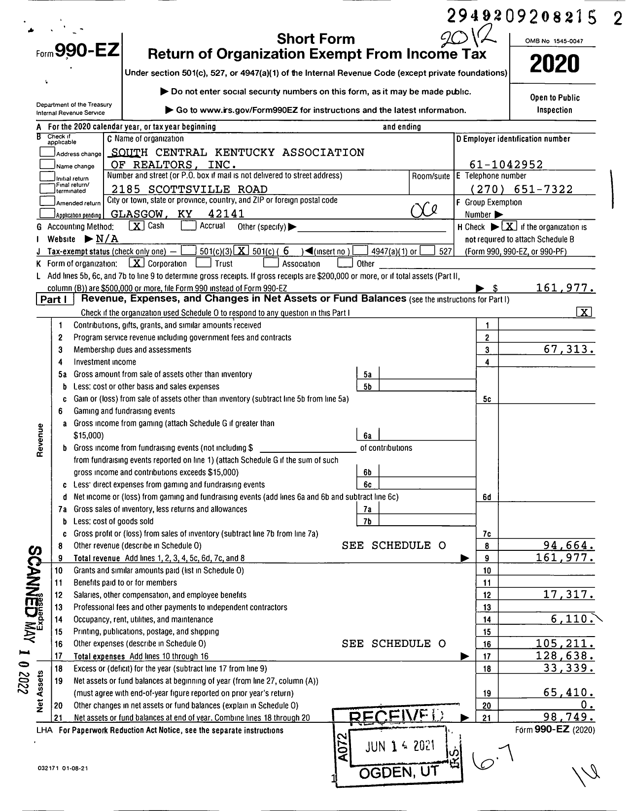 Image of first page of 2020 Form 990EO for South Central Kentucky Association of Realtors