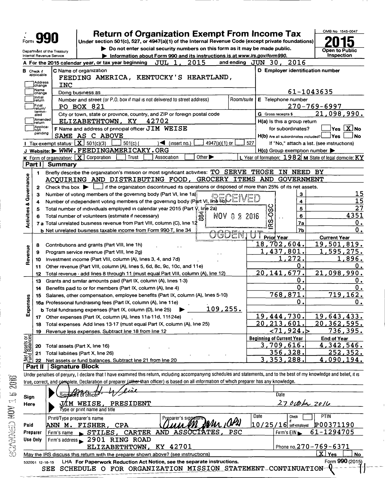 Image of first page of 2015 Form 990 for Feeding America Kentucky's Heartland