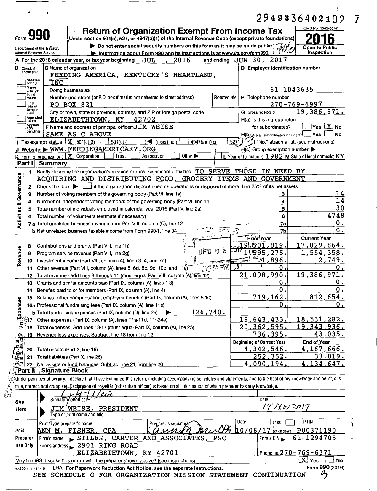 Image of first page of 2016 Form 990 for Feeding America Kentucky's Heartland