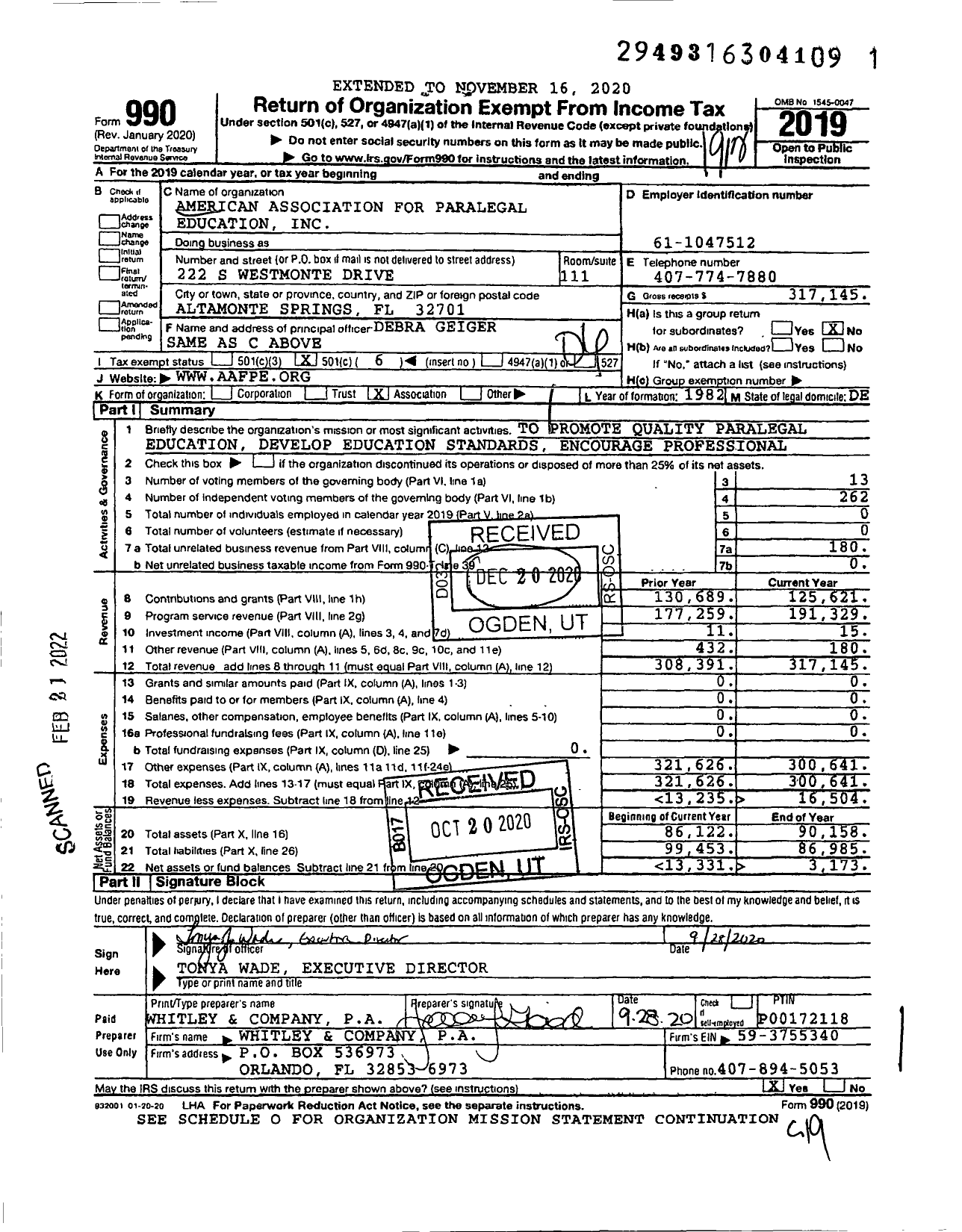 Image of first page of 2019 Form 990O for American Association For Paralegal Education