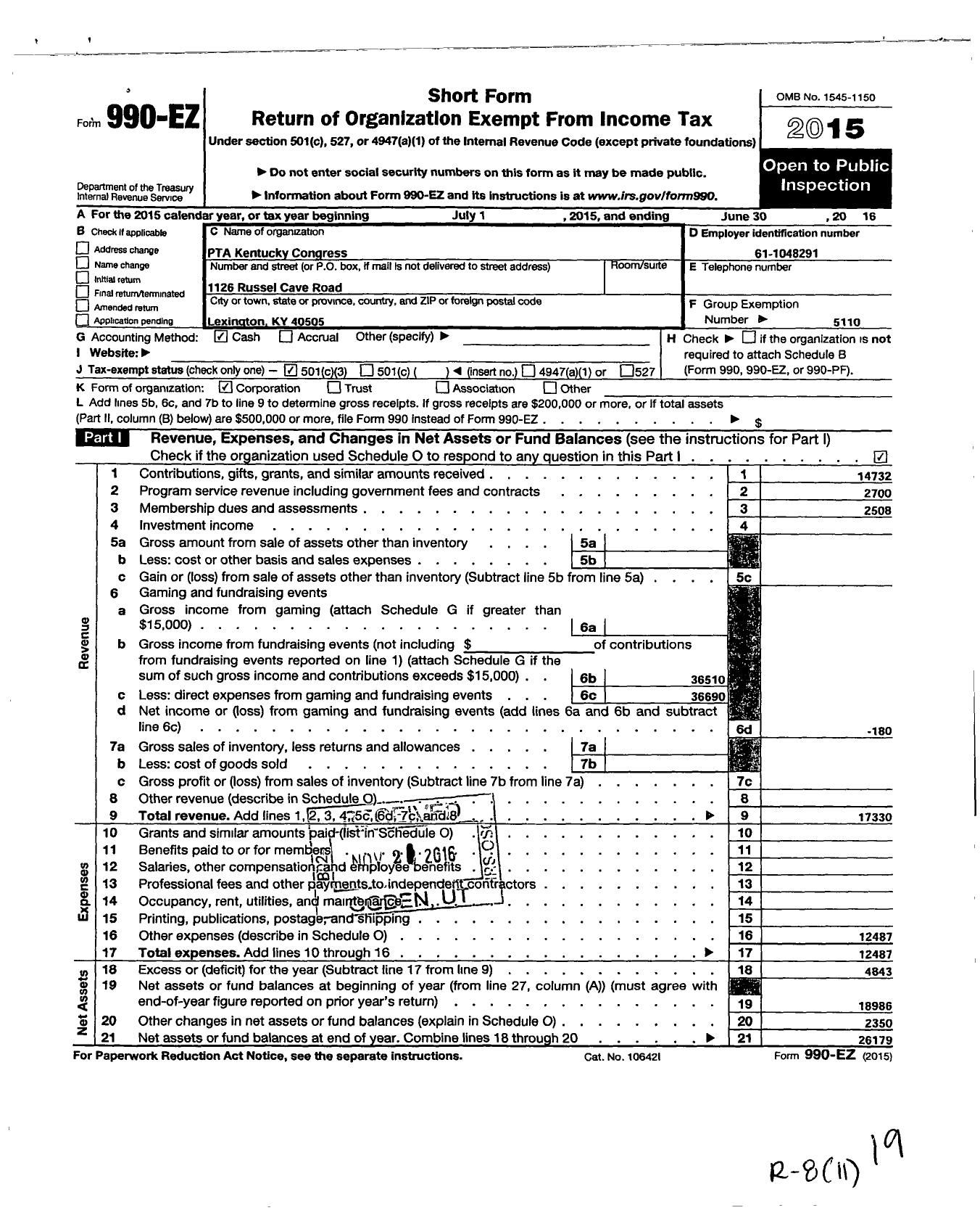 Image of first page of 2015 Form 990EZ for PTA Kentucky Congress / 16th District PTA