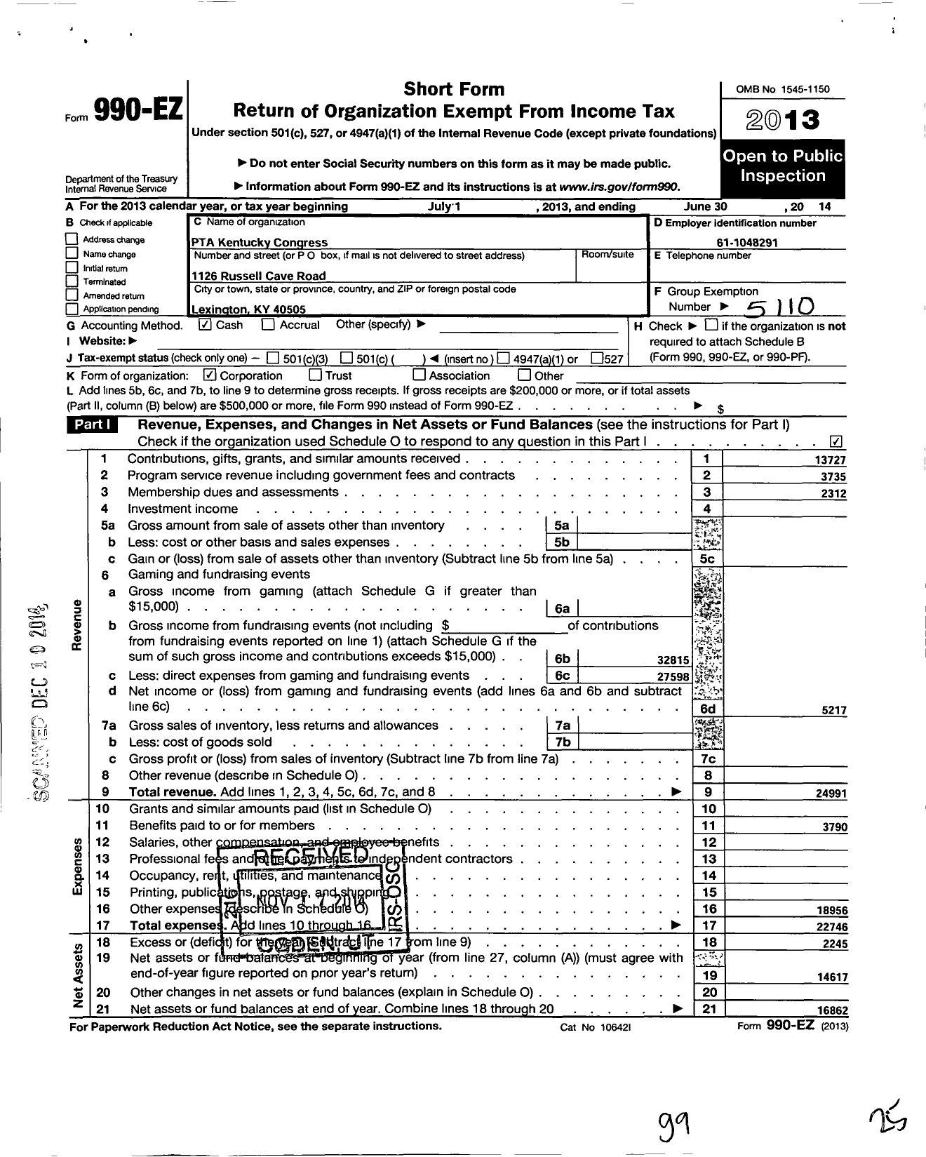 Image of first page of 2013 Form 990EO for PTA Kentucky Congress / 16th District PTA