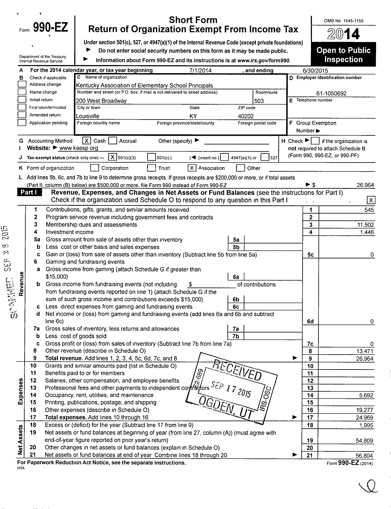Image of first page of 2014 Form 990EZ for Kentucky Association of Elementary School Principals
