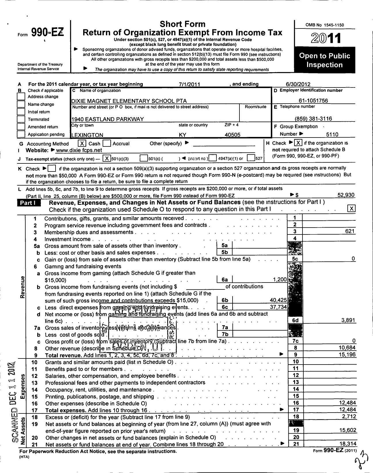 Image of first page of 2011 Form 990EZ for PTA Kentucky Congress / Dixie Elementary PTA