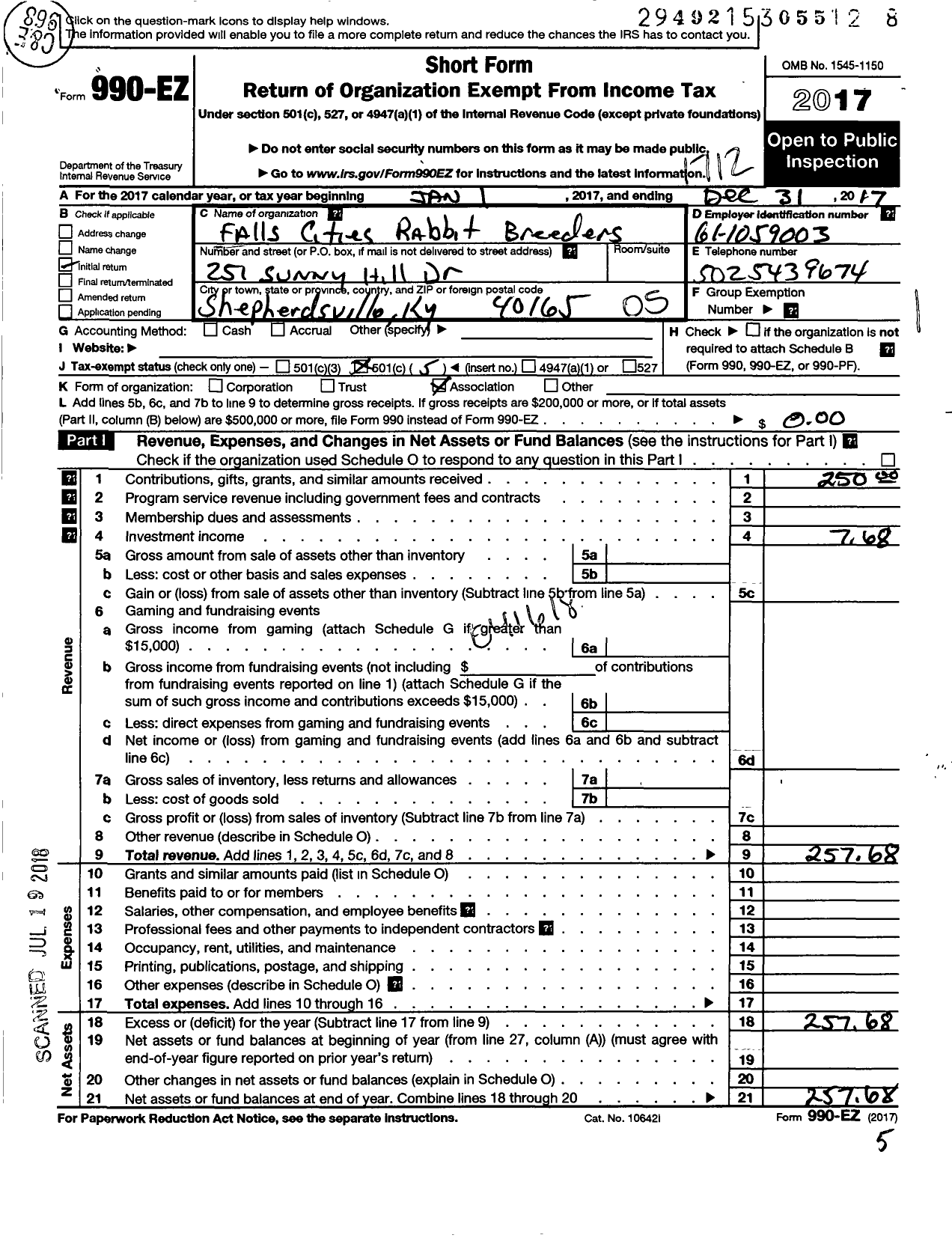 Image of first page of 2017 Form 990EO for Falls Cities Rabbit Breeders