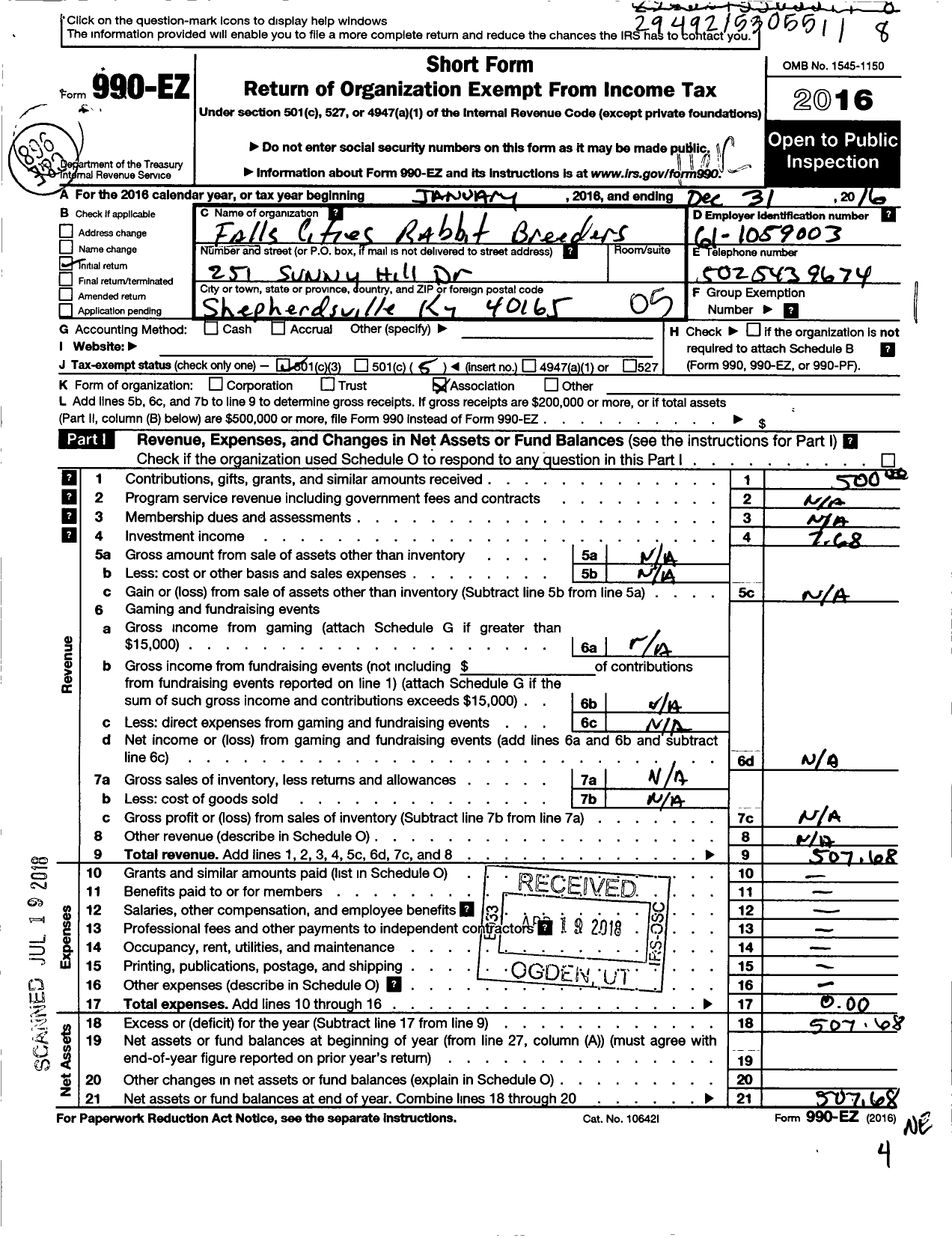 Image of first page of 2016 Form 990EO for Falls Cities Rabbit Breeders