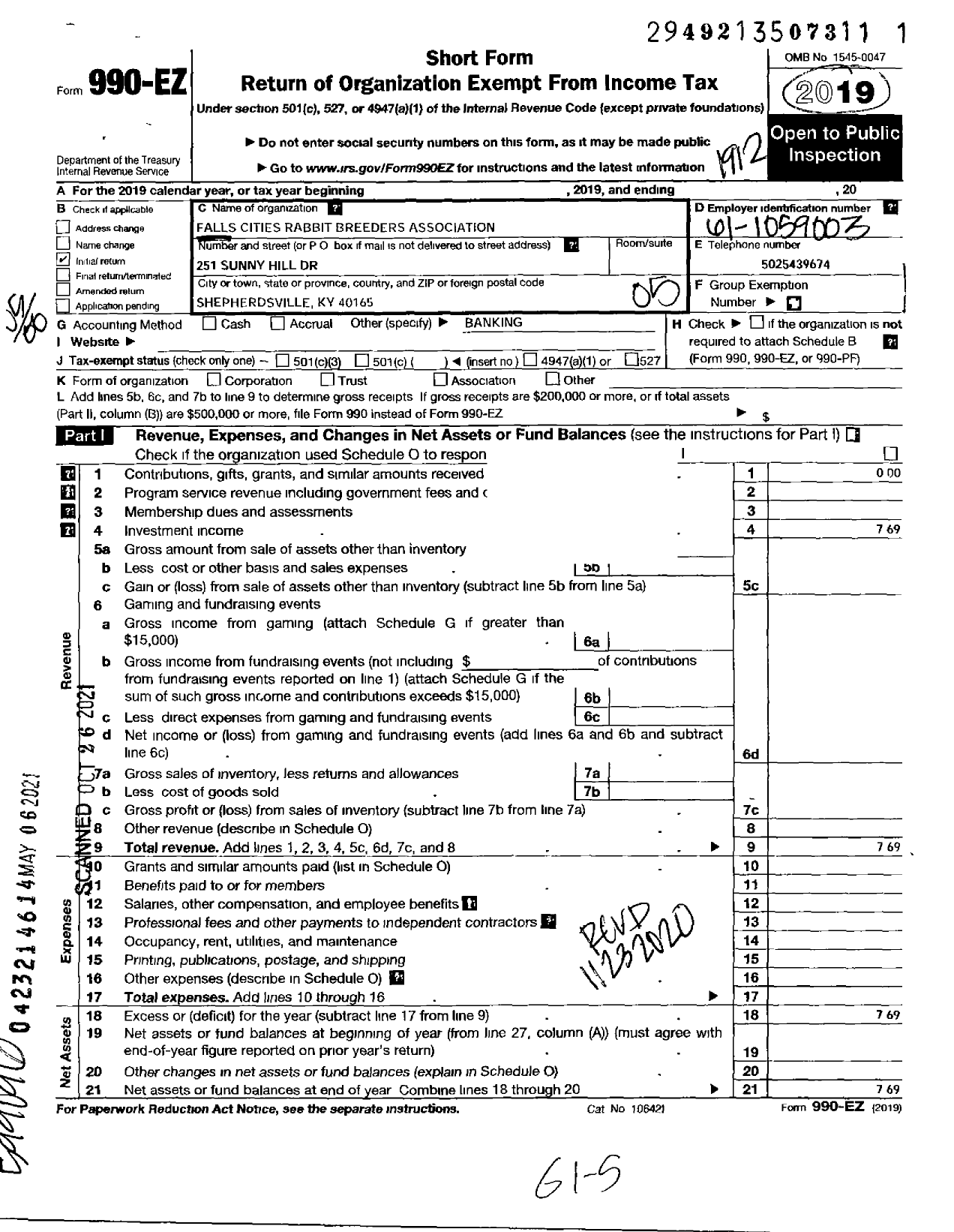 Image of first page of 2019 Form 990EO for Falls Cities Rabbit Breeders