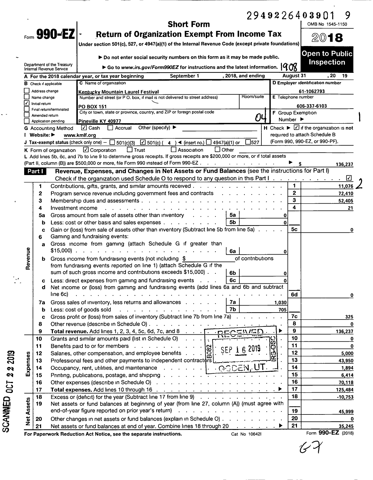 Image of first page of 2018 Form 990EO for Kentucky Mountain Laurel Festival