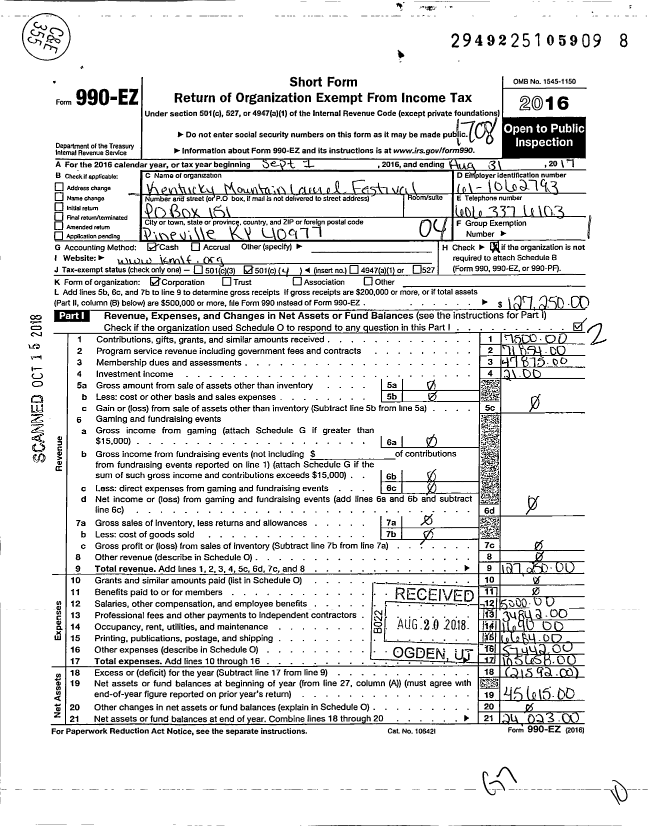 Image of first page of 2016 Form 990EO for Kentucky Mountain Laurel Festival