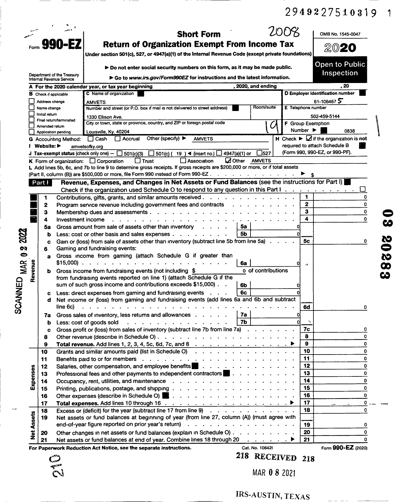 Image of first page of 2019 Form 990EO for Amvets