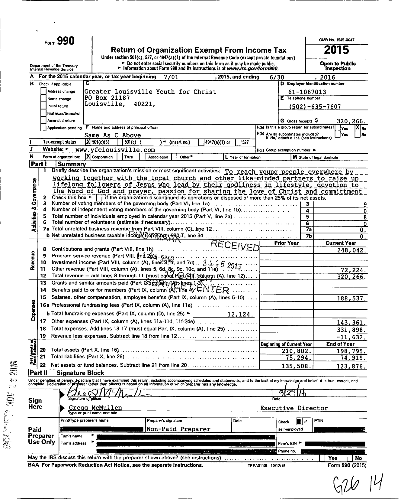 Image of first page of 2015 Form 990 for Youth for Christ - Greater Louisville Yfc