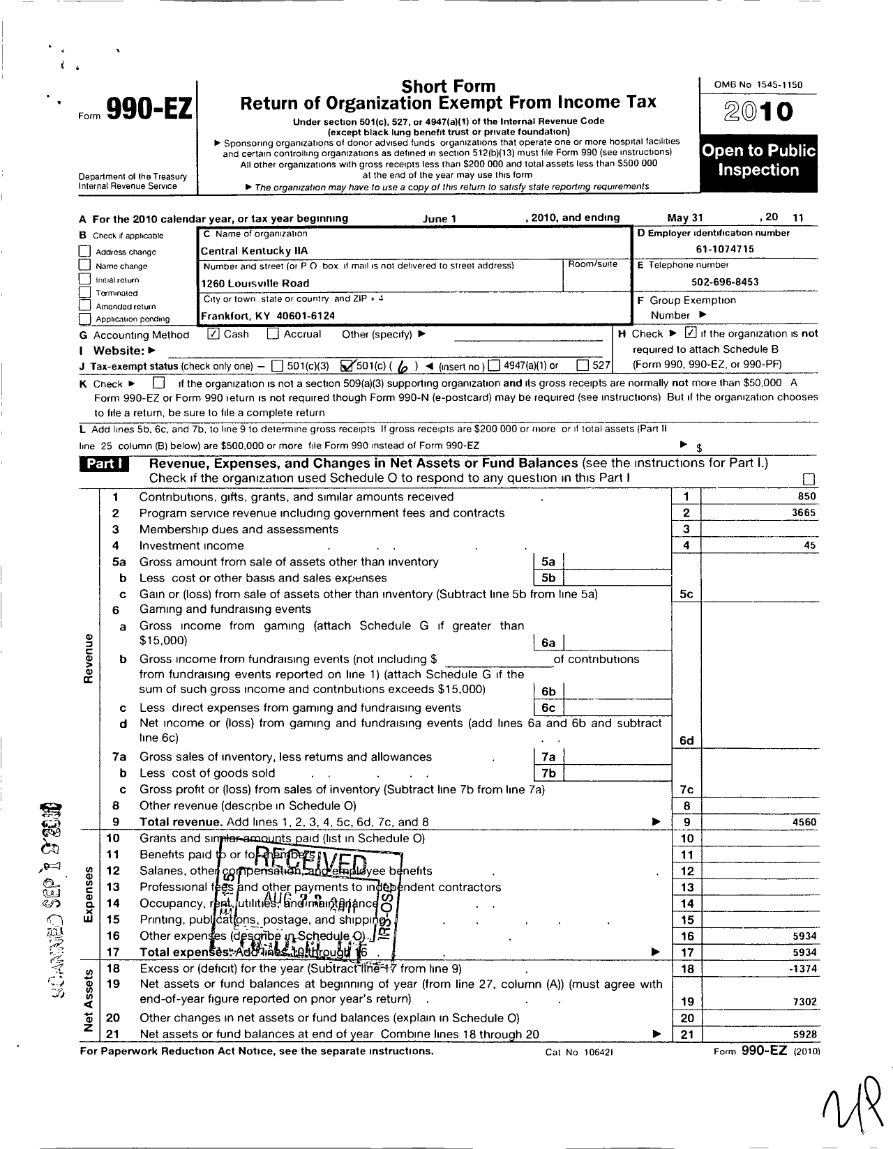 Image of first page of 2010 Form 990EO for Institute of Internal Auditors / Central Kentucky Chapter