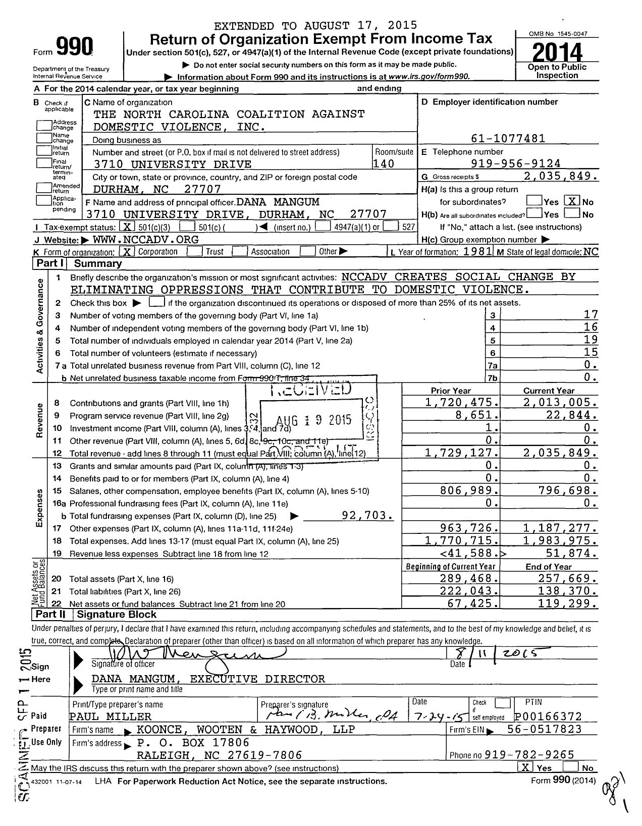 Image of first page of 2014 Form 990 for The North Carolina Coalition Against Domestic