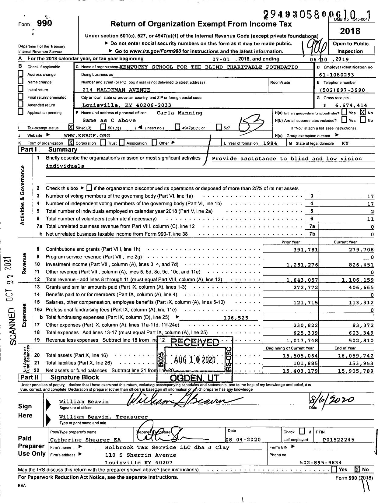 Image of first page of 2018 Form 990 for Kentucky School for the Blind Charitable Foundatio