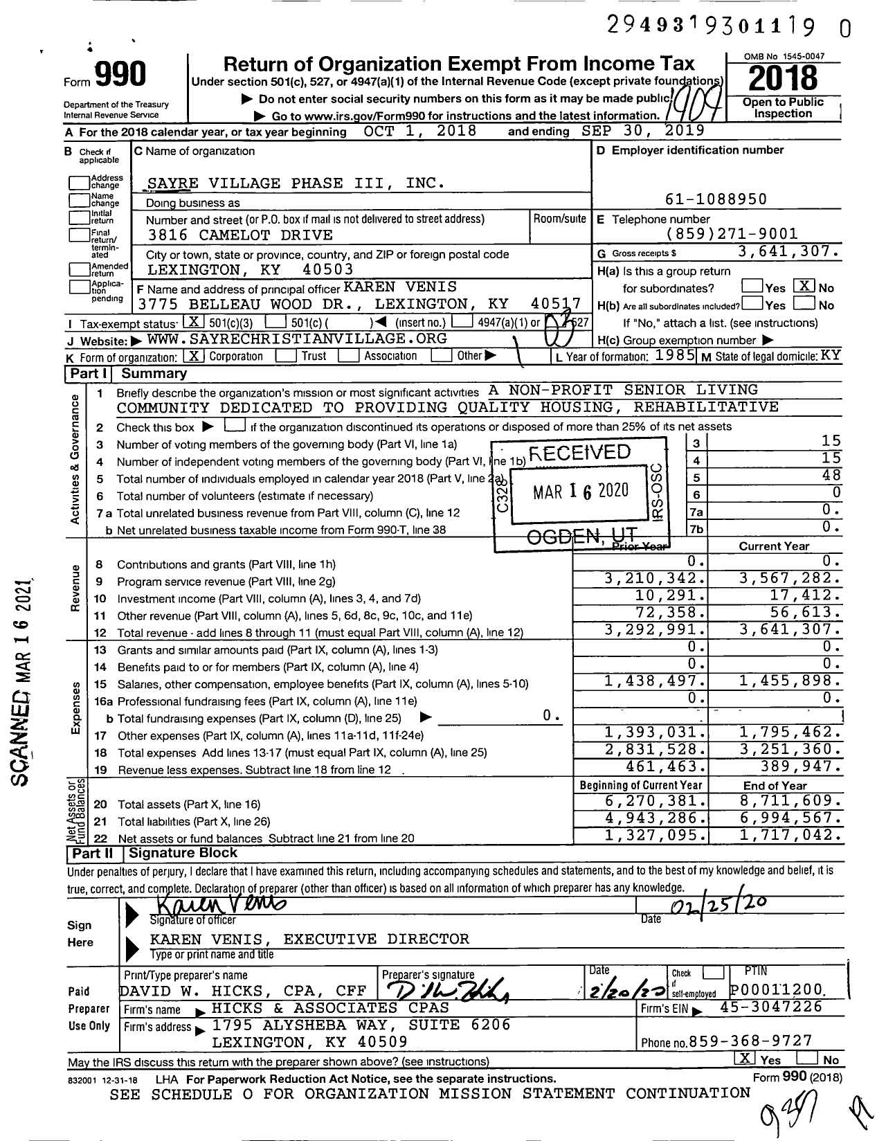Image of first page of 2018 Form 990 for Sayre Village Phase Iii