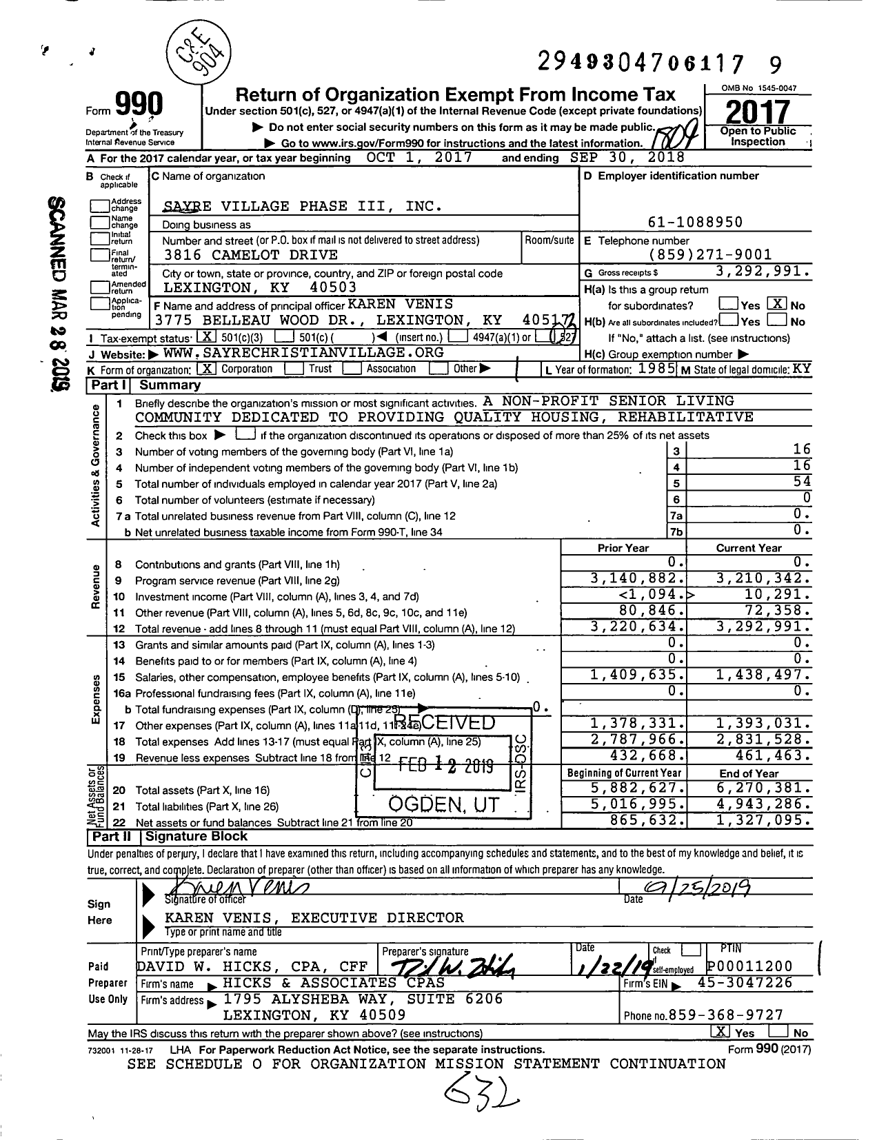 Image of first page of 2017 Form 990 for Sayre Village Phase Iii