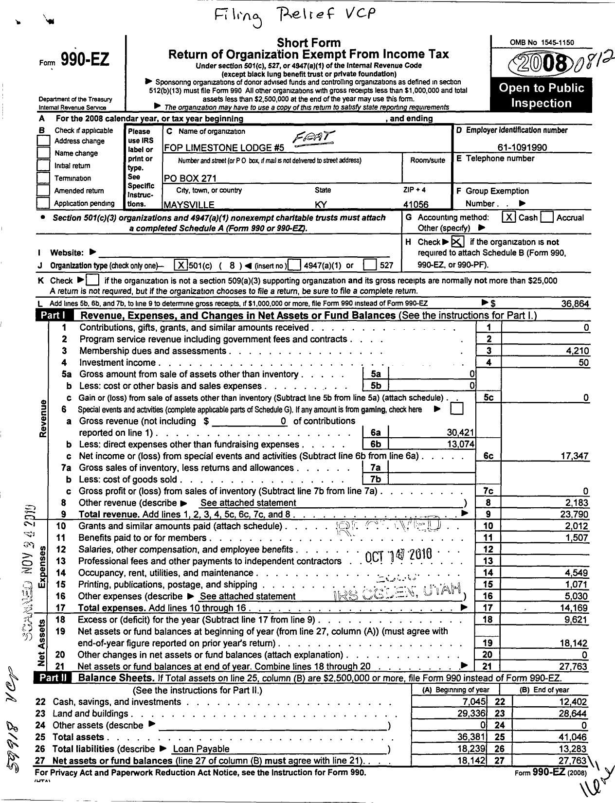 Image of first page of 2008 Form 990EO for Fraternal Order of Police - 5 Limestone Lodge