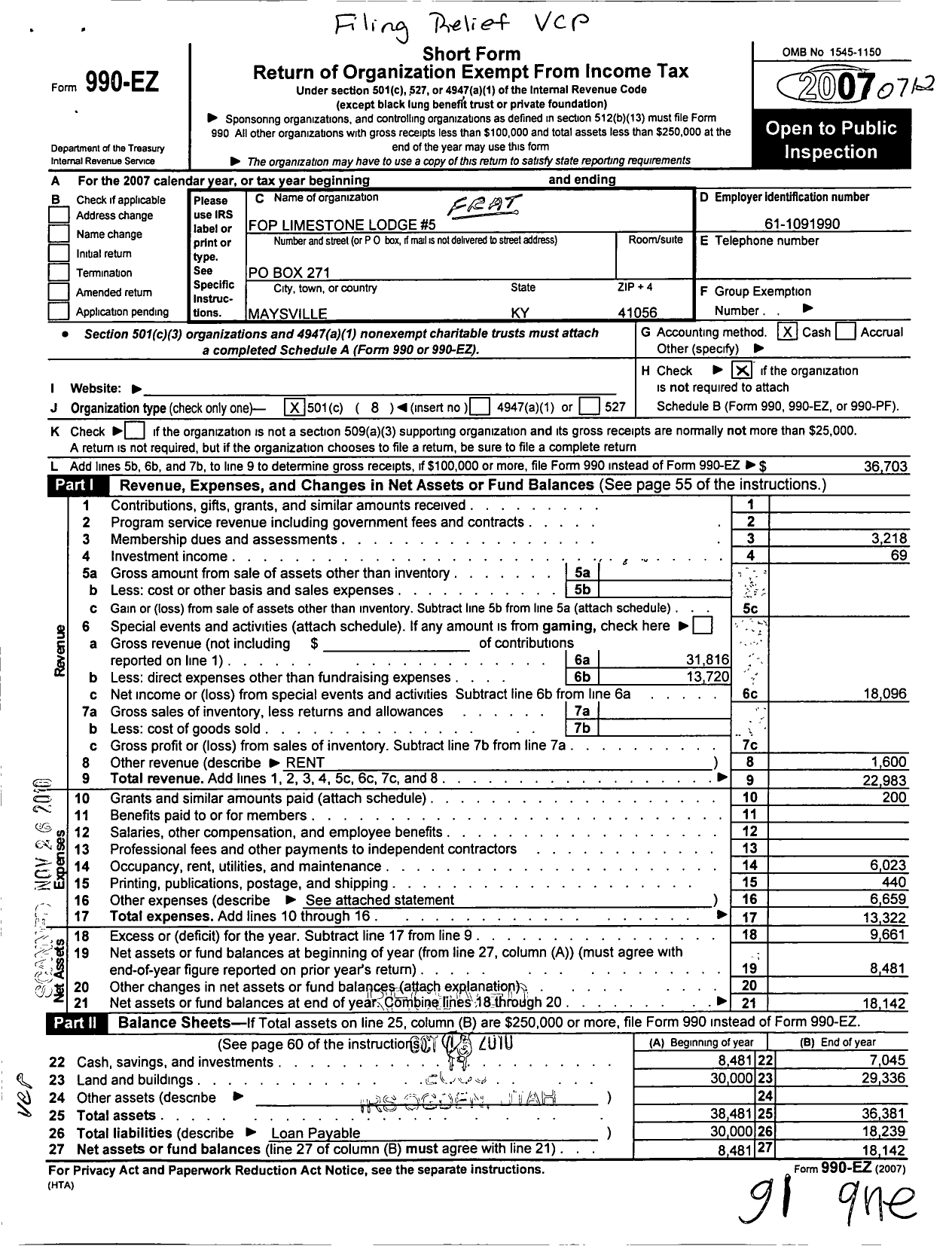 Image of first page of 2007 Form 990EO for Fraternal Order of Police - 5 Limestone Lodge