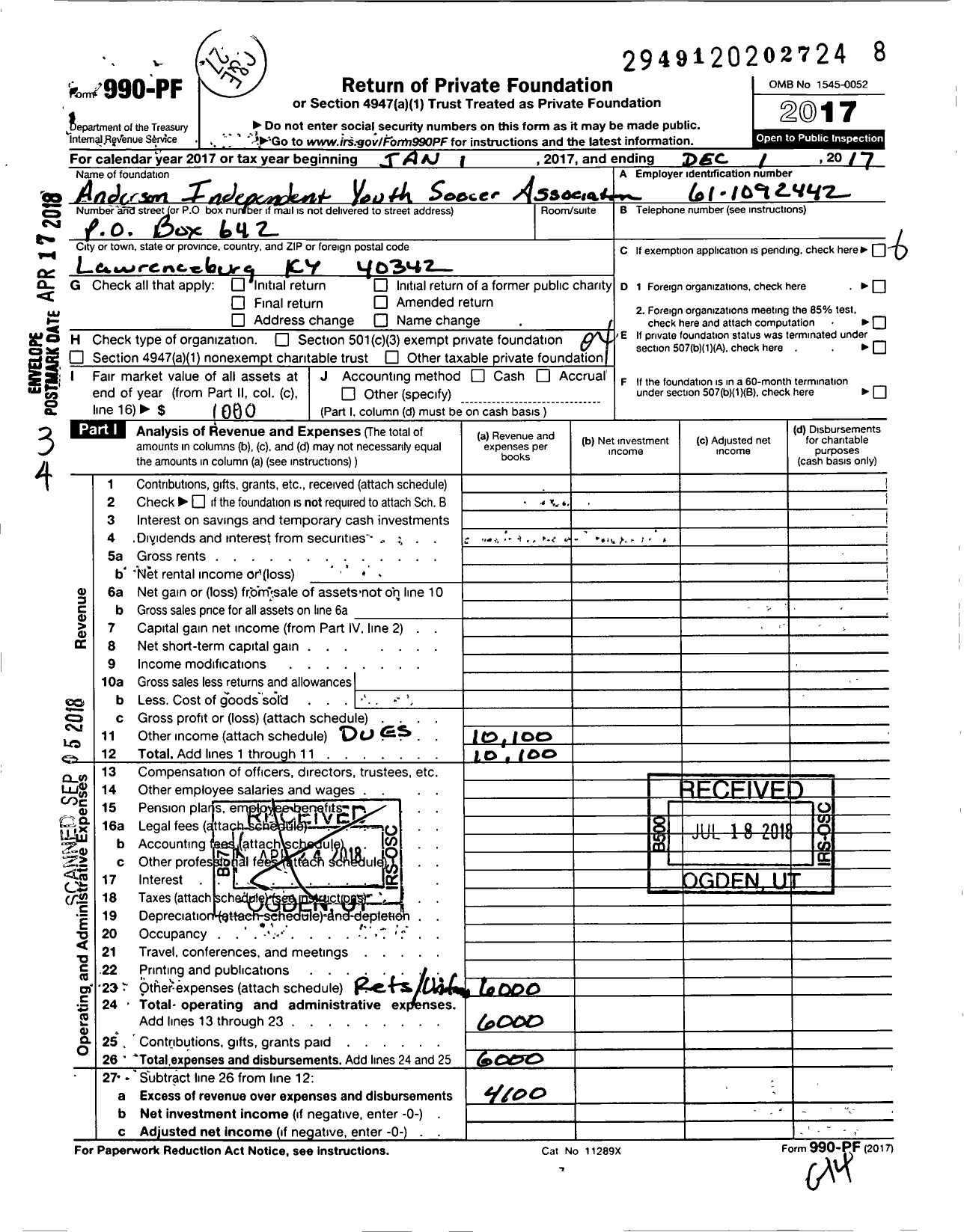 Image of first page of 2017 Form 990PF for Anderson Independent Youth Soccer Association