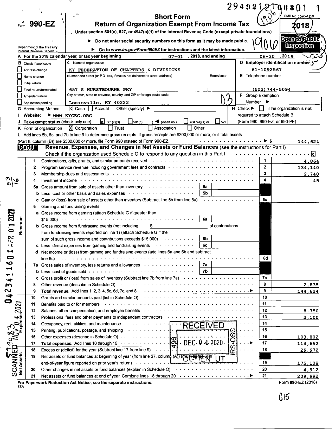 Image of first page of 2018 Form 990EZ for Ky Federation of Chapters and Divisions