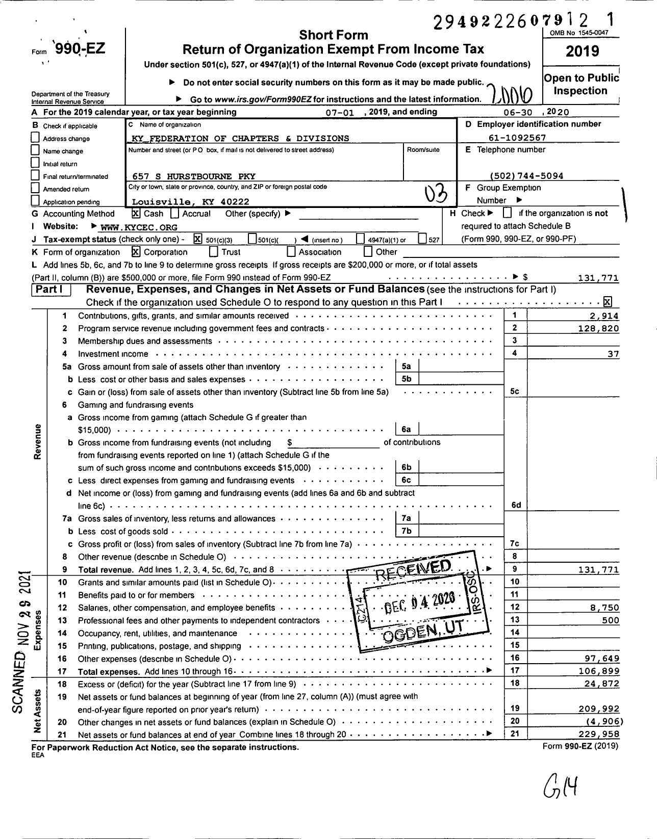 Image of first page of 2019 Form 990EZ for Ky Federation of Chapters and Divisions