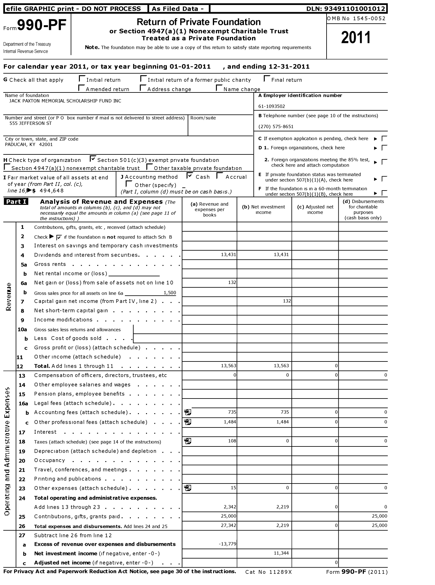 Image of first page of 2011 Form 990PF for Jack Paxton Memorial Scholarship Fund