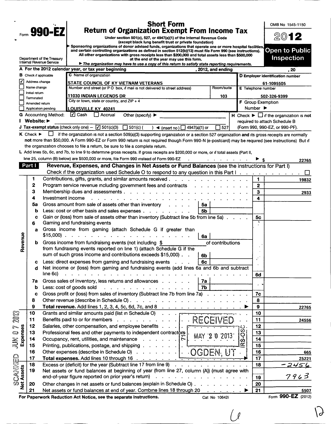 Image of first page of 2012 Form 990EZ for Vietnam Veterans of America - 03 State Council of Ky Vietnam Vet