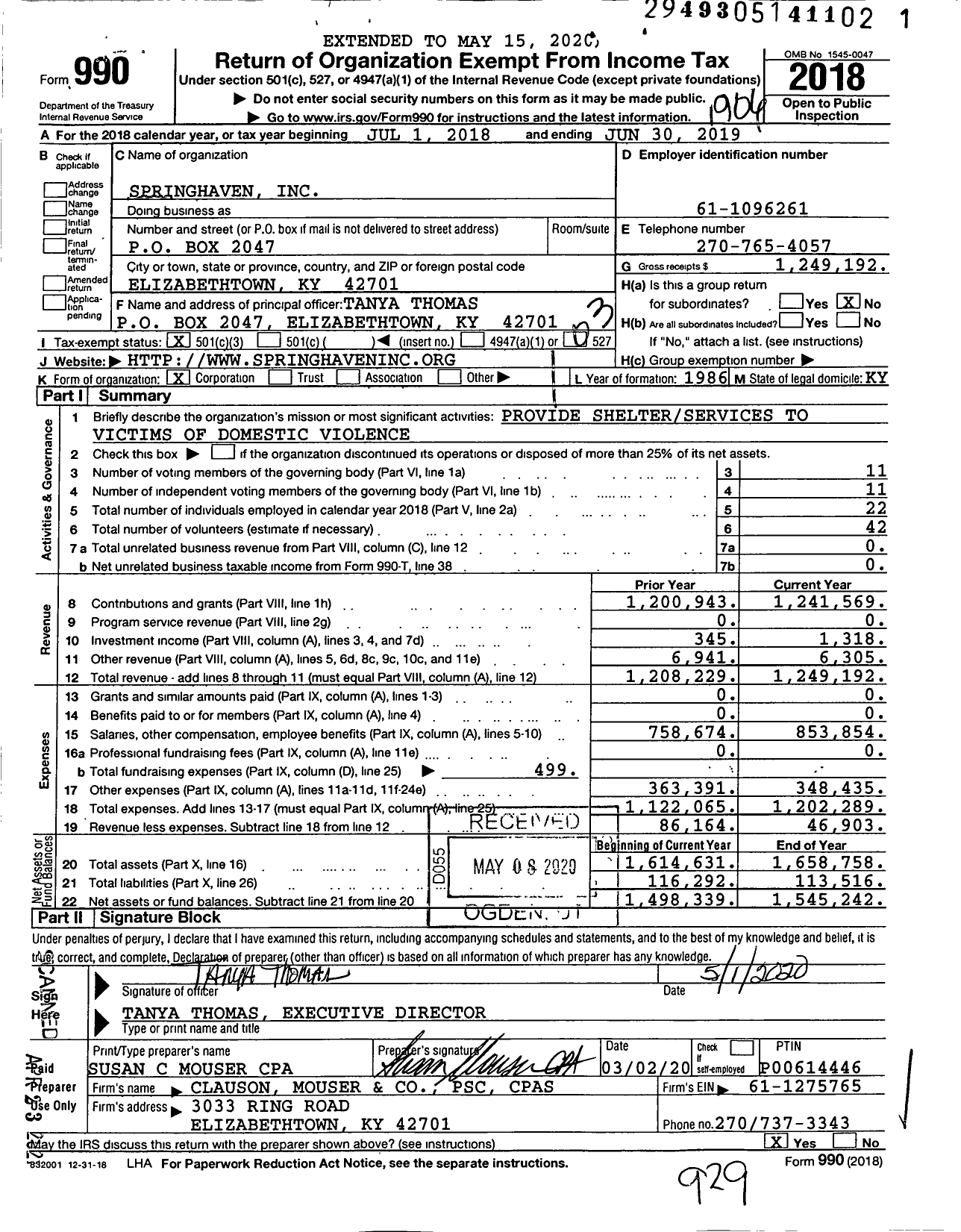 Image of first page of 2018 Form 990 for Springhaven