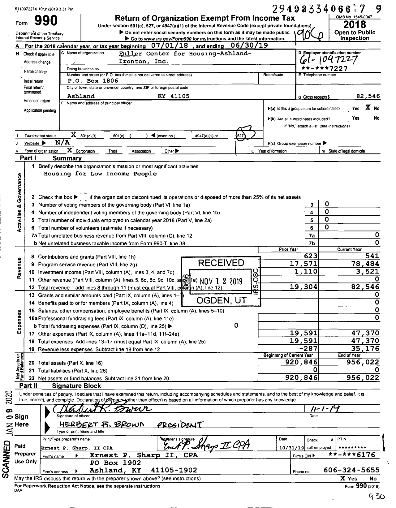 Image of first page of 2018 Form 990 for Fuller Center for Housing-Ashland- Ironton