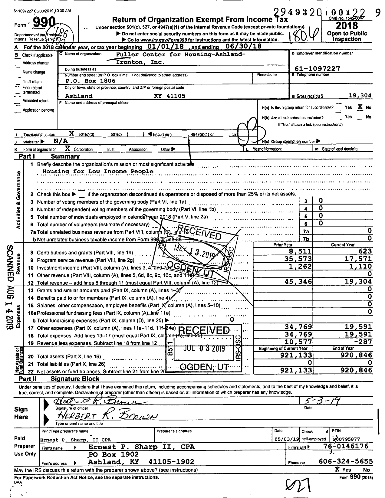 Image of first page of 2017 Form 990 for Fuller Center for Housing-Ashland- Ironton