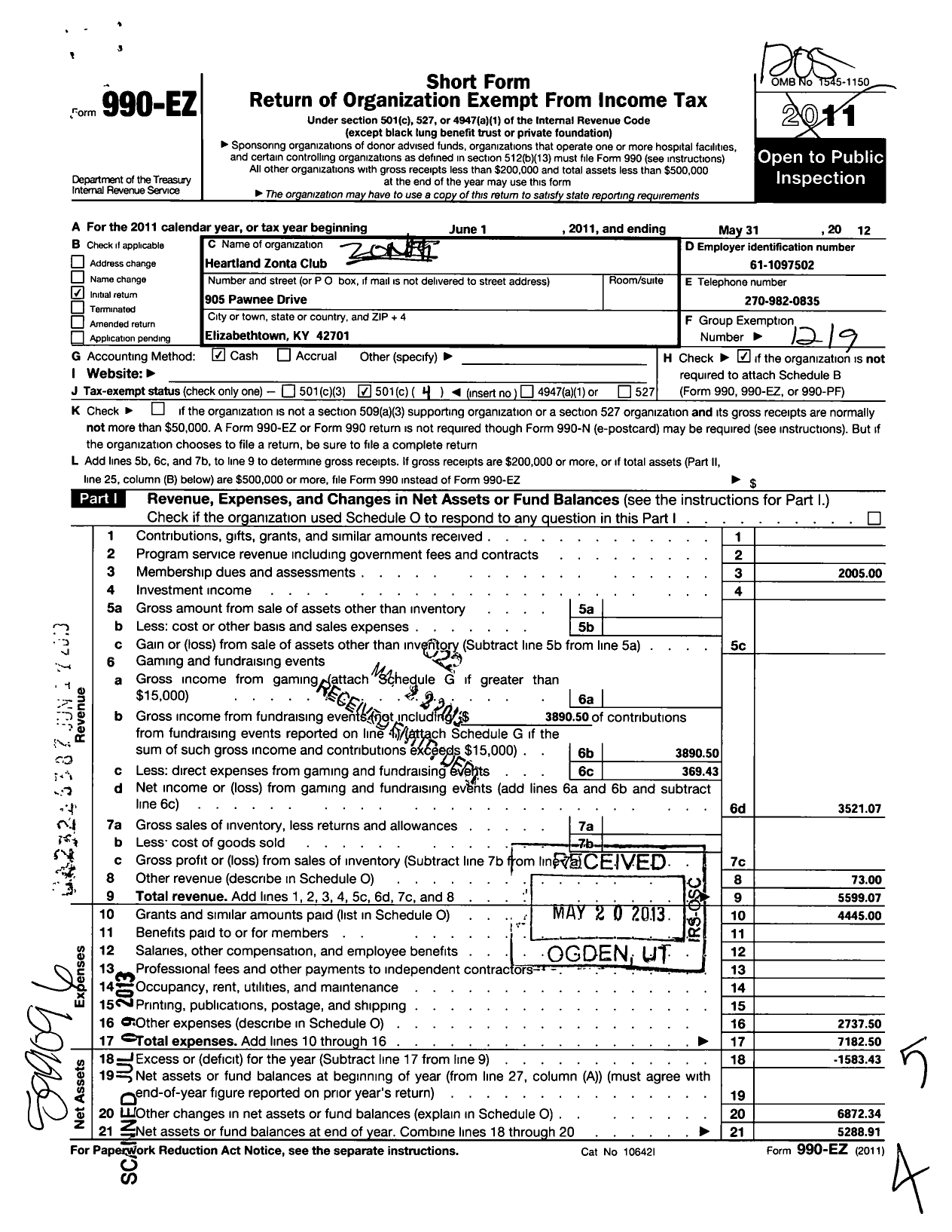 Image of first page of 2011 Form 990EO for Zonta International / Elizabethtown