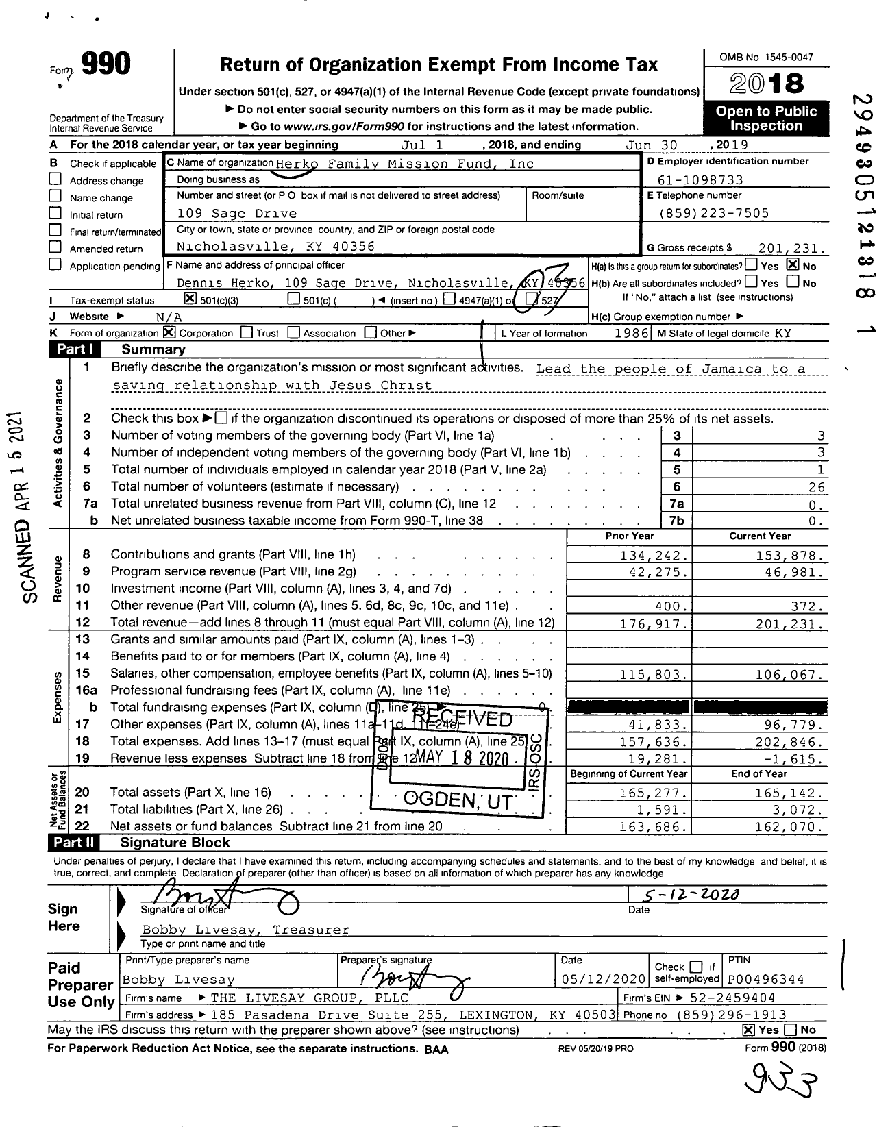 Image of first page of 2018 Form 990 for Herko Family Mission Fund